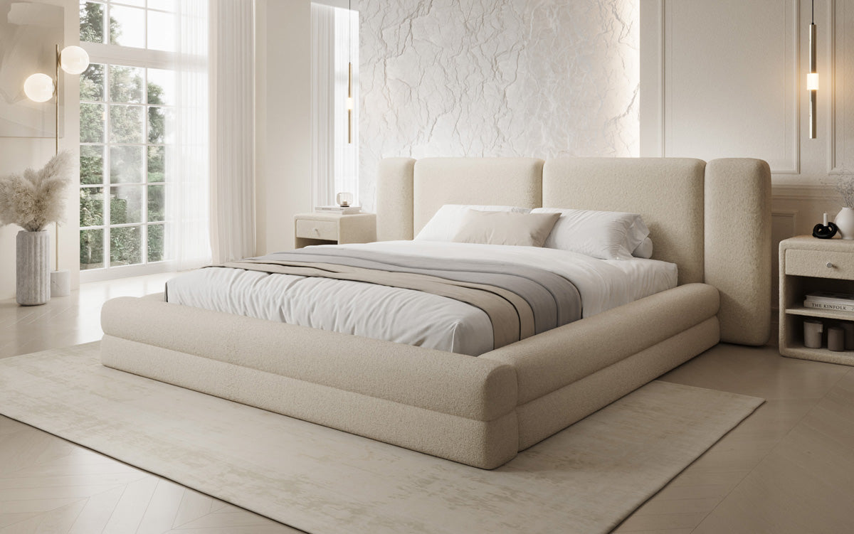 Designer gestoffeerd bed Theresa in Teddystof Bouclé met opbergruimte