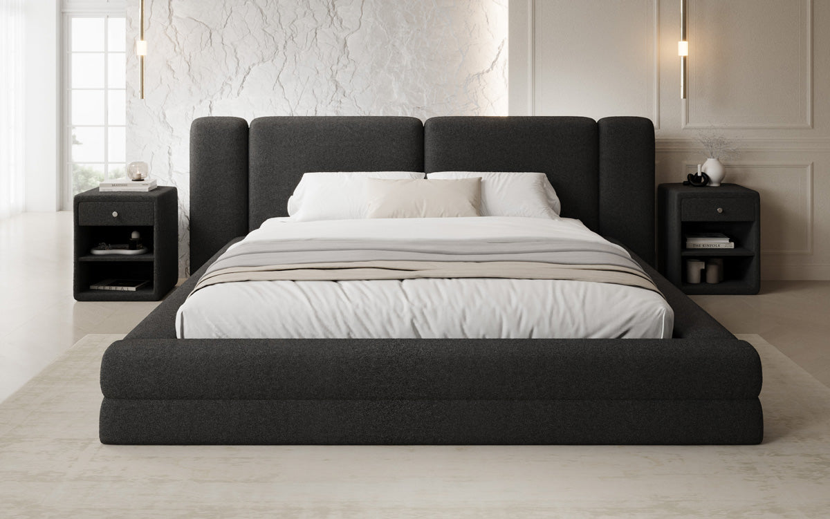 Designer gestoffeerd bed Theresa in Teddystof Bouclé met opbergruimte