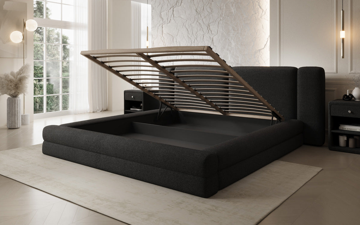 Designer gestoffeerd bed Theresa in Teddystof Bouclé met opbergruimte