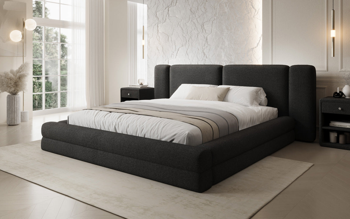 Designer gestoffeerd bed Theresa in Teddystof Bouclé met opbergruimte