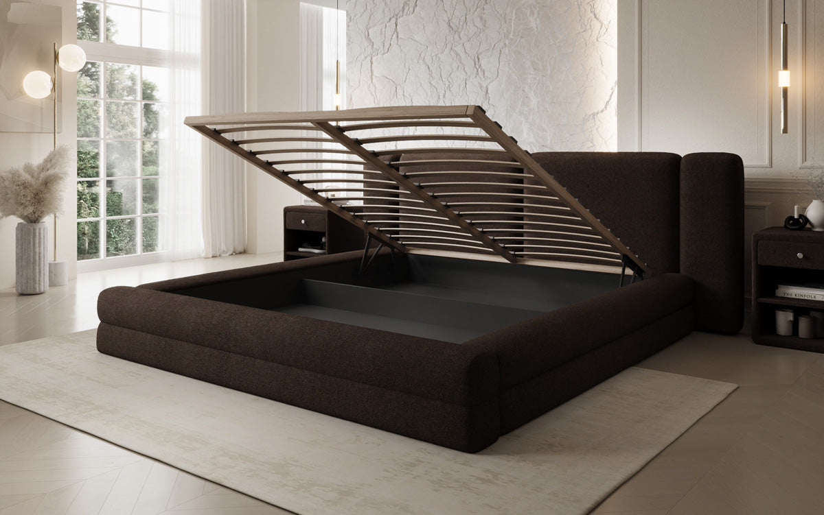 Designer gestoffeerd bed Theresa in Teddystof Bouclé met opbergruimte