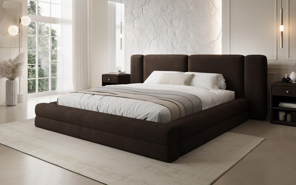 Designer gestoffeerd bed Theresa in Teddystof Bouclé met opbergruimte