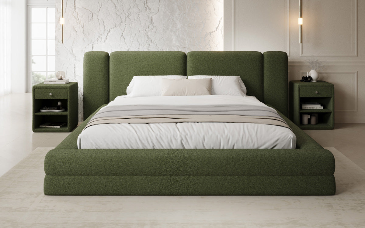Designer gestoffeerd bed Theresa in Teddystof Bouclé met opbergruimte