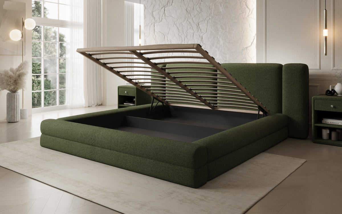 Designer gestoffeerd bed Theresa in Teddystof Bouclé met opbergruimte