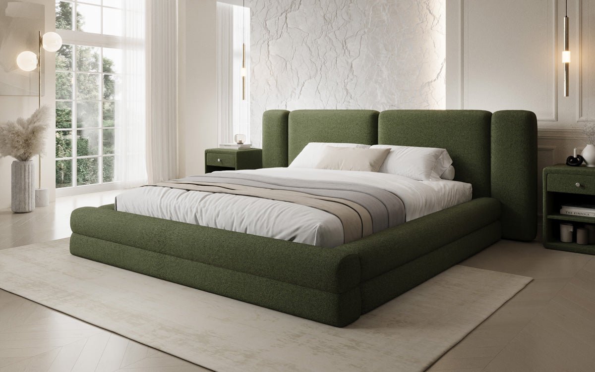 Designer gestoffeerd bed Theresa in Teddystof Bouclé met opbergruimte