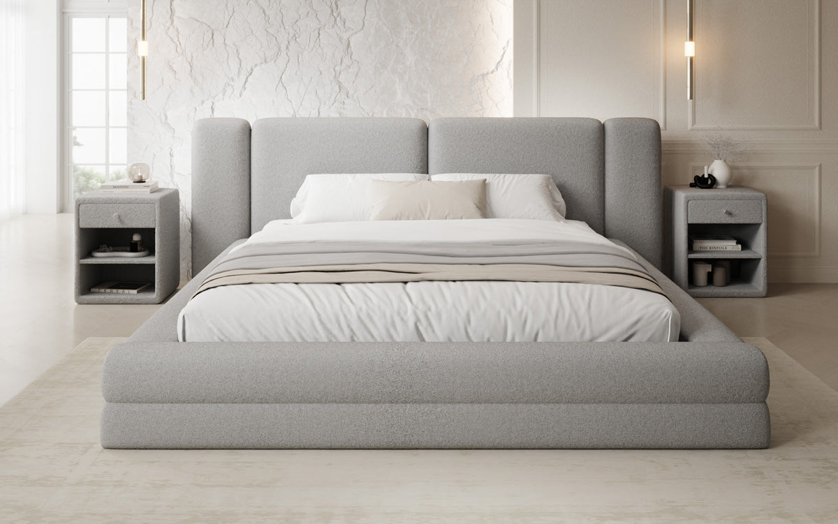 Designer gestoffeerd bed Theresa in Teddystof Bouclé met opbergruimte
