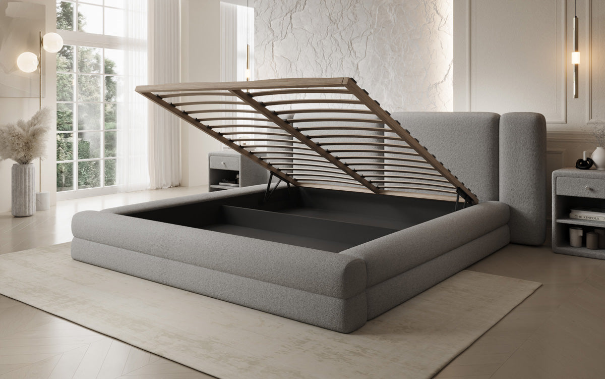 Designer gestoffeerd bed Theresa in Teddystof Bouclé met opbergruimte