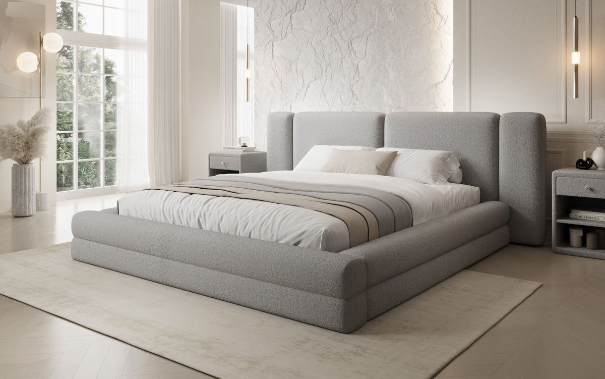 Designer gestoffeerd bed Theresa in Teddystof Bouclé met opbergruimte