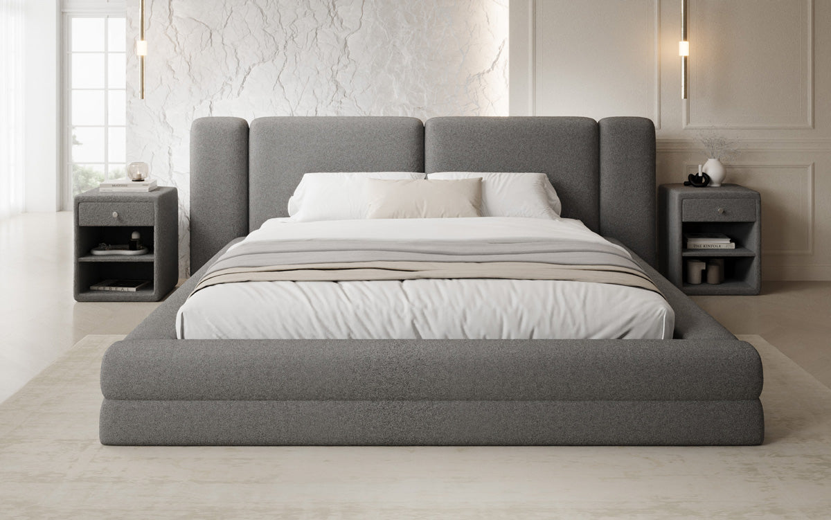 Designer gestoffeerd bed Theresa in Teddystof Bouclé met opbergruimte