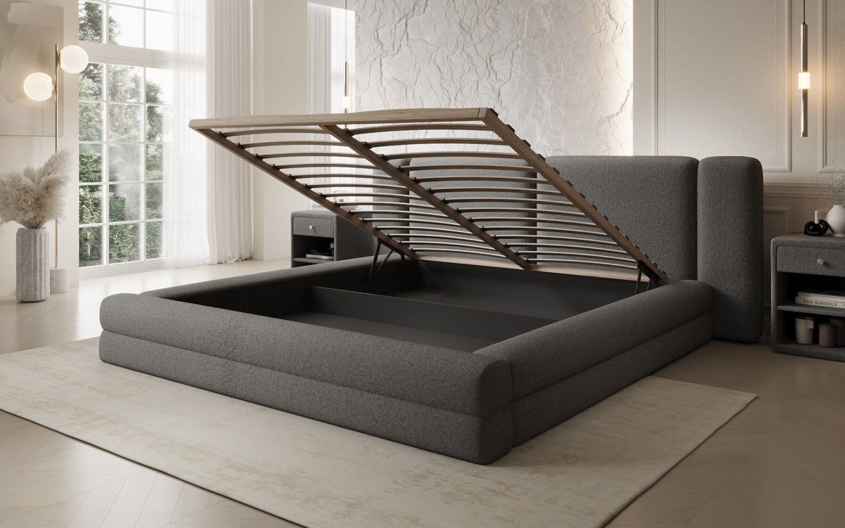 Designer gestoffeerd bed Theresa in Teddystof Bouclé met opbergruimte
