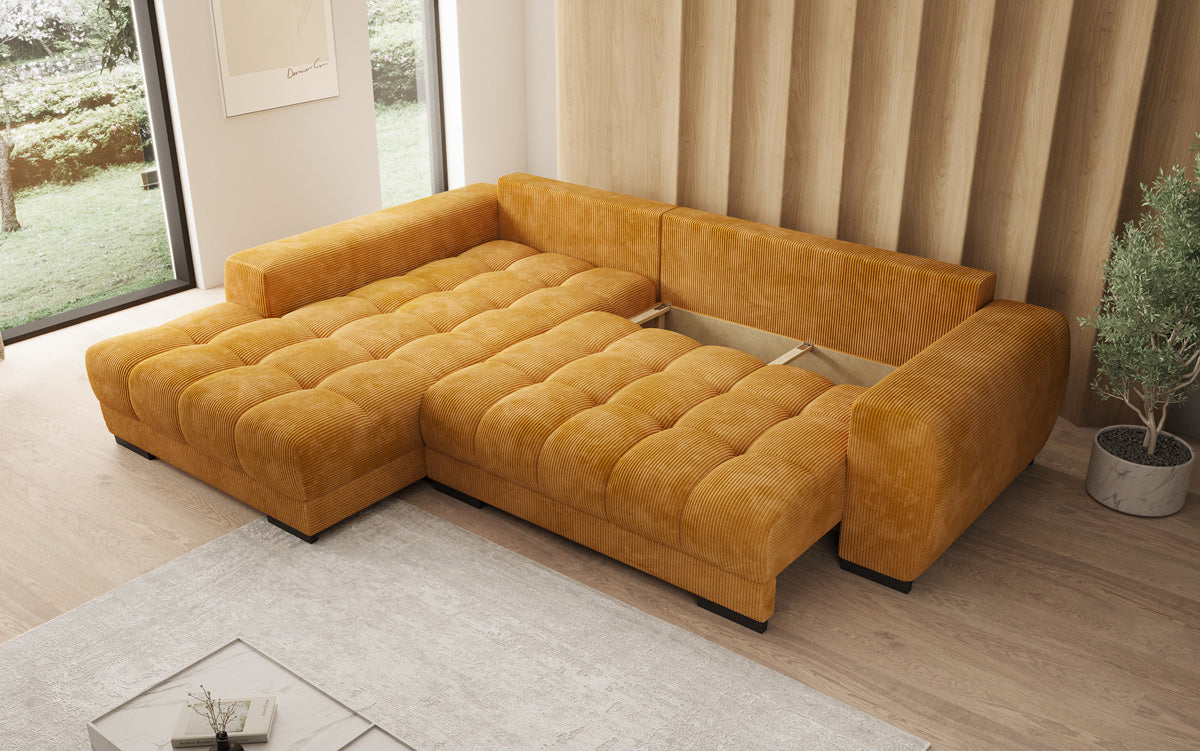 Designersofa Balu met slaapfunctie en opbergruimte in Ribstof