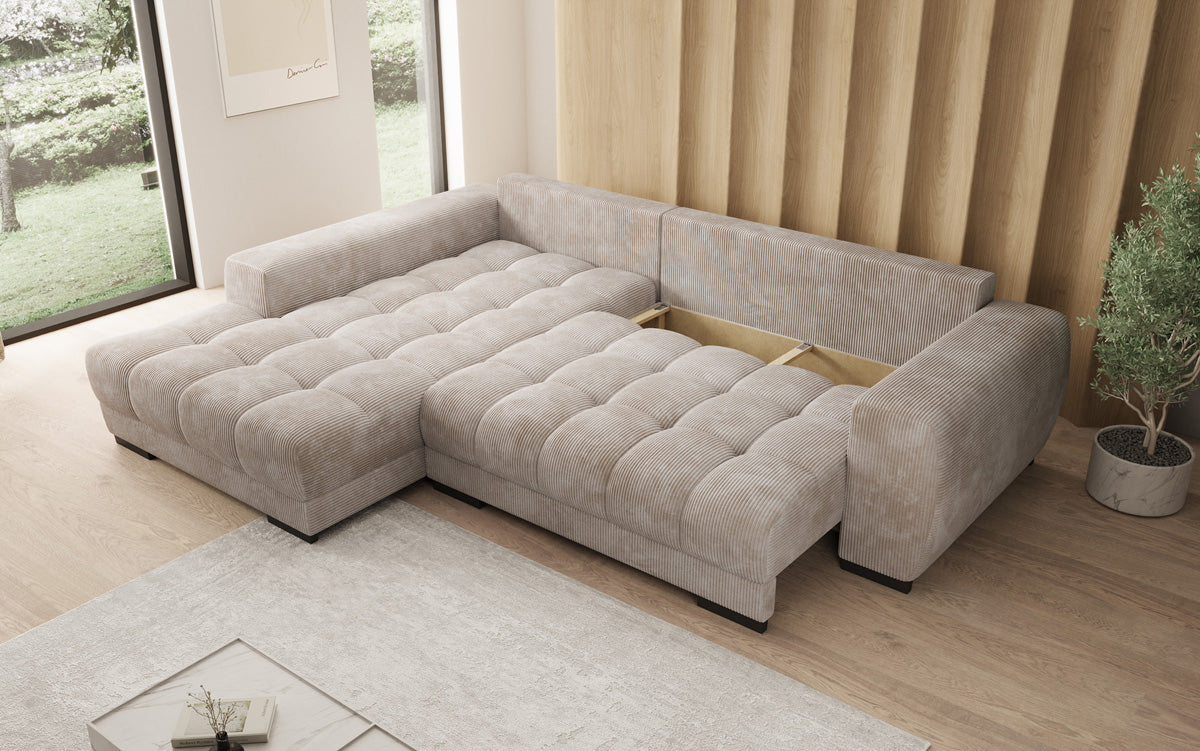 Designersofa Balu met slaapfunctie en opbergruimte in Ribstof