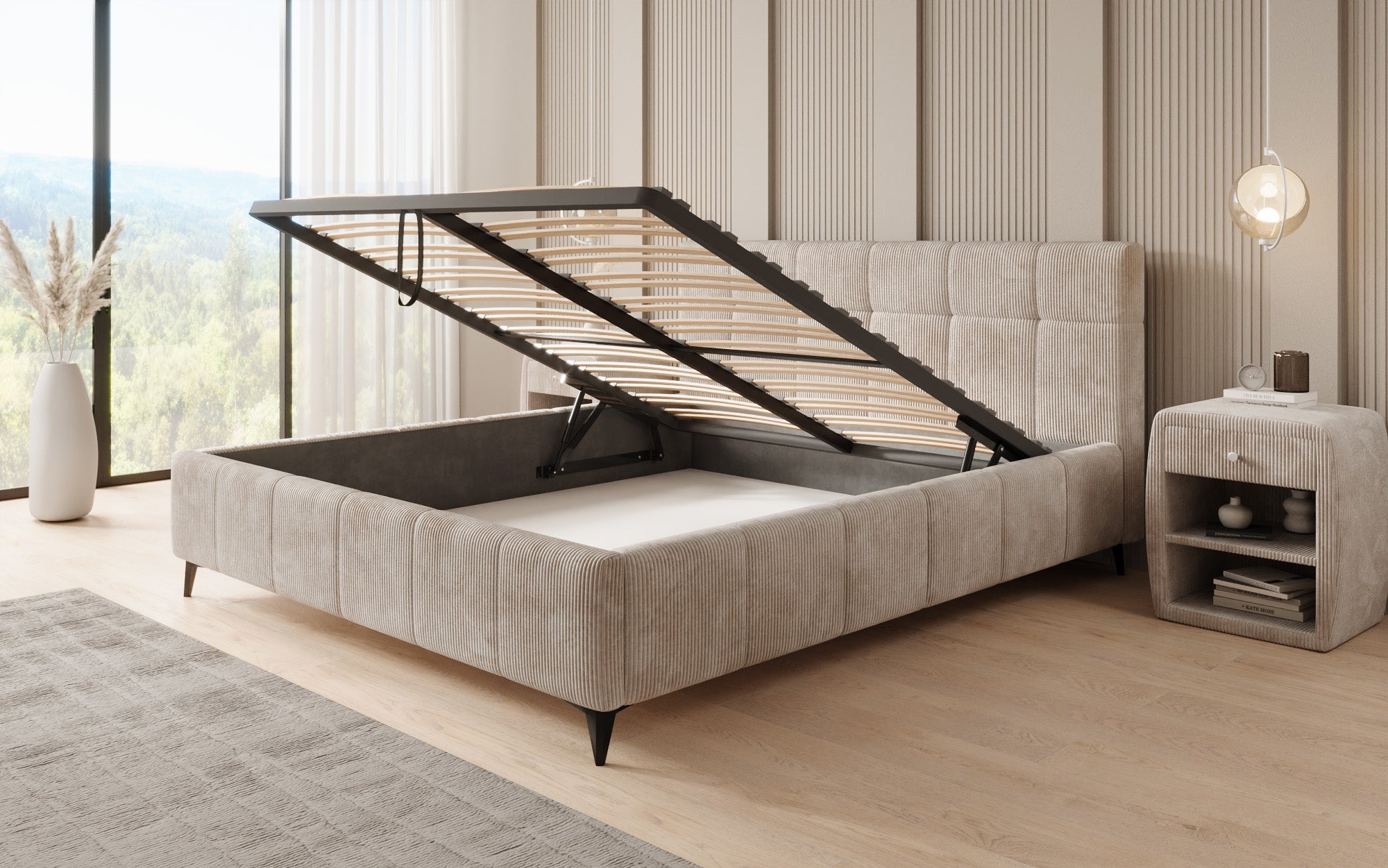 Designer gestoffeerd bed Nelly in Ribstof met opbergruimte