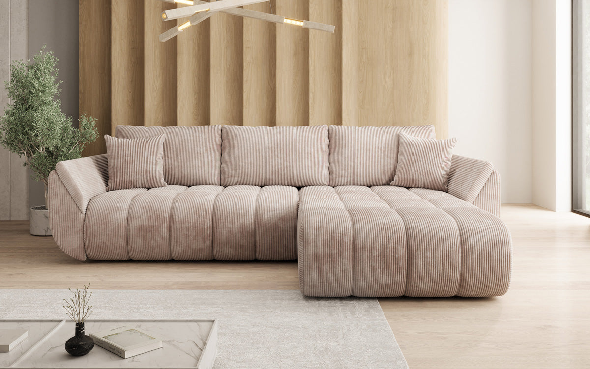 Designsofa Lenoa L met slaapfunctie en opbergruimte in Ribstof