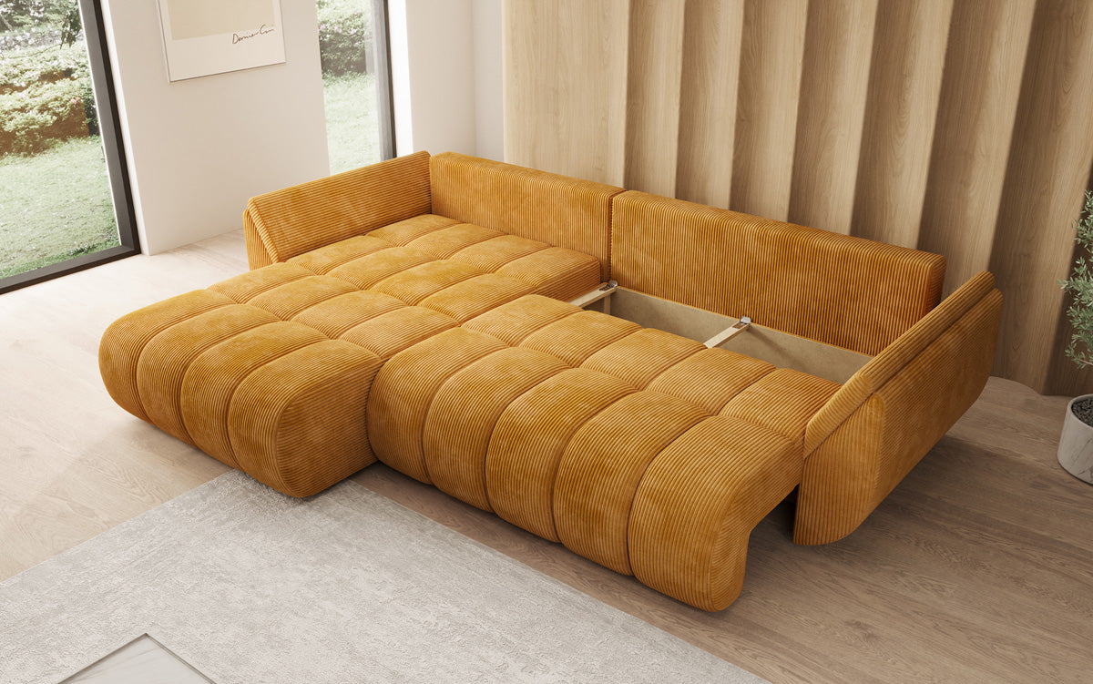 Designsofa Lenoa L met slaapfunctie en opbergruimte in Ribstof