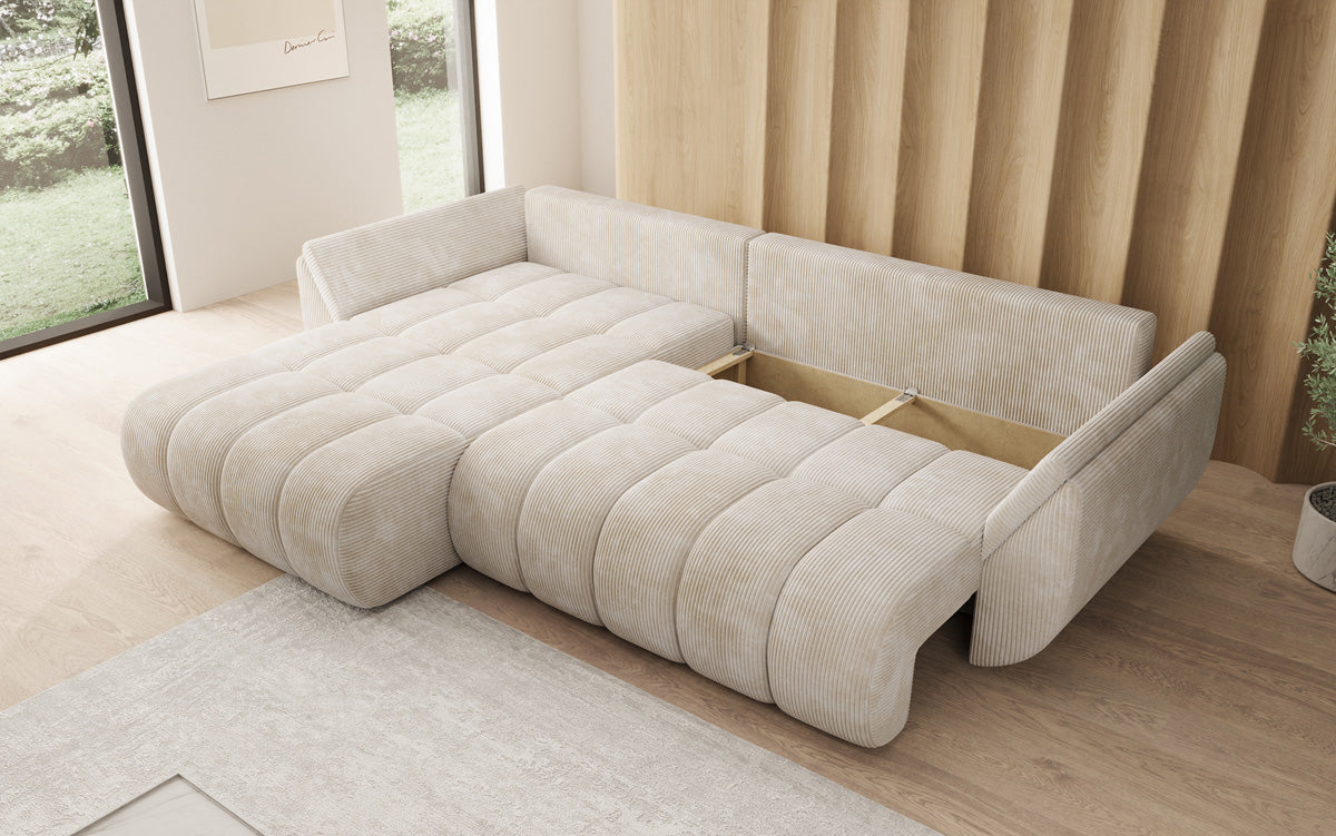 Designsofa Lenoa L met slaapfunctie en opbergruimte in Ribstof