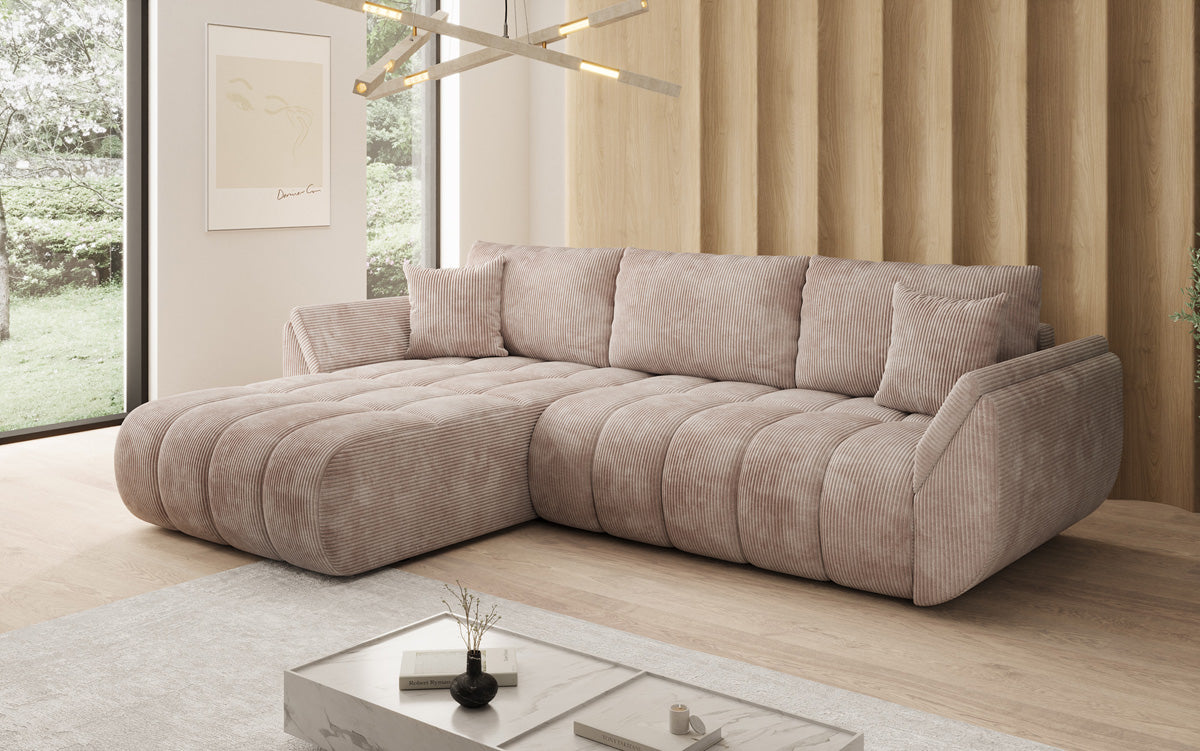 Designsofa Lenoa L met slaapfunctie en opbergruimte in Ribstof