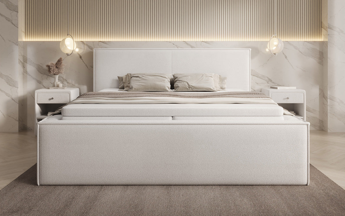 Designer gestoffeerd bed Nora in Teddystof Bouclé met opbergruimte incl. matrassen