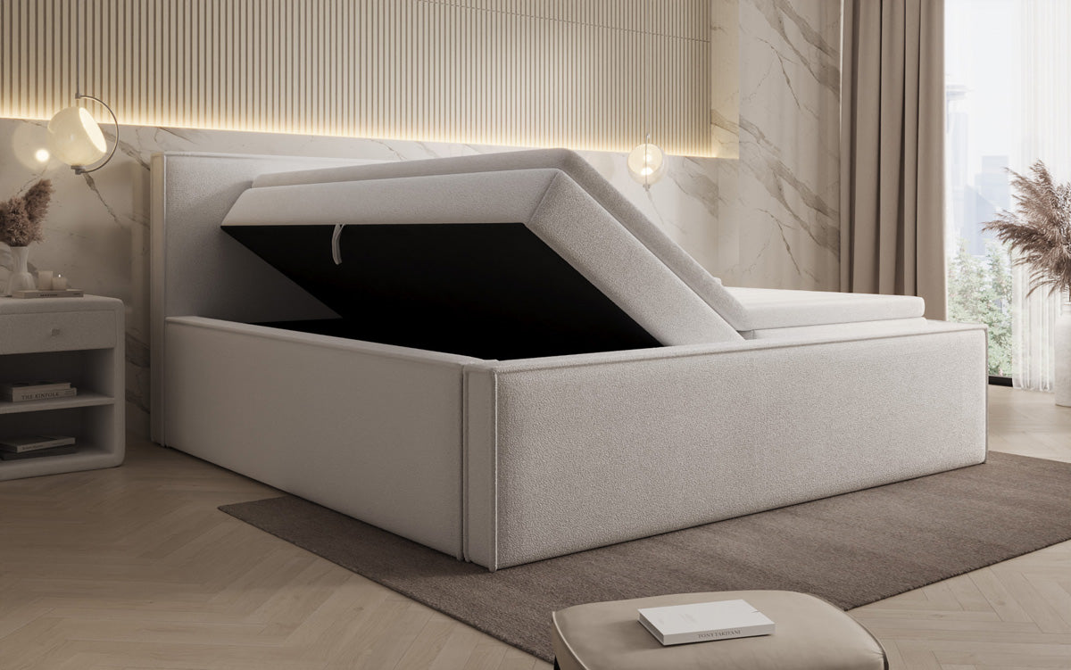 Designer gestoffeerd bed Nora in Teddystof Bouclé met opbergruimte incl. matrassen