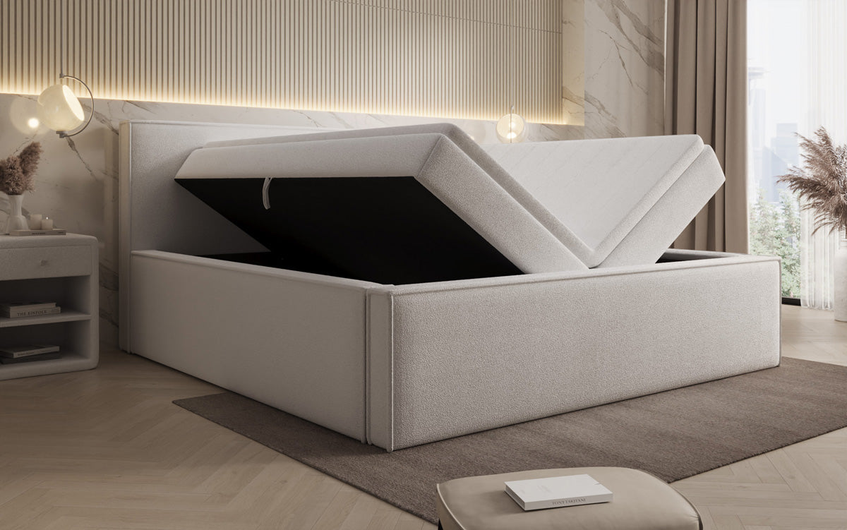 Designer gestoffeerd bed Nora in Teddystof Bouclé met opbergruimte incl. matrassen