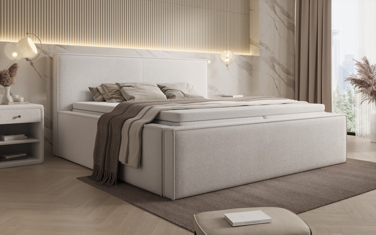 Designer gestoffeerd bed Nora in Teddystof Bouclé met opbergruimte incl. matrassen