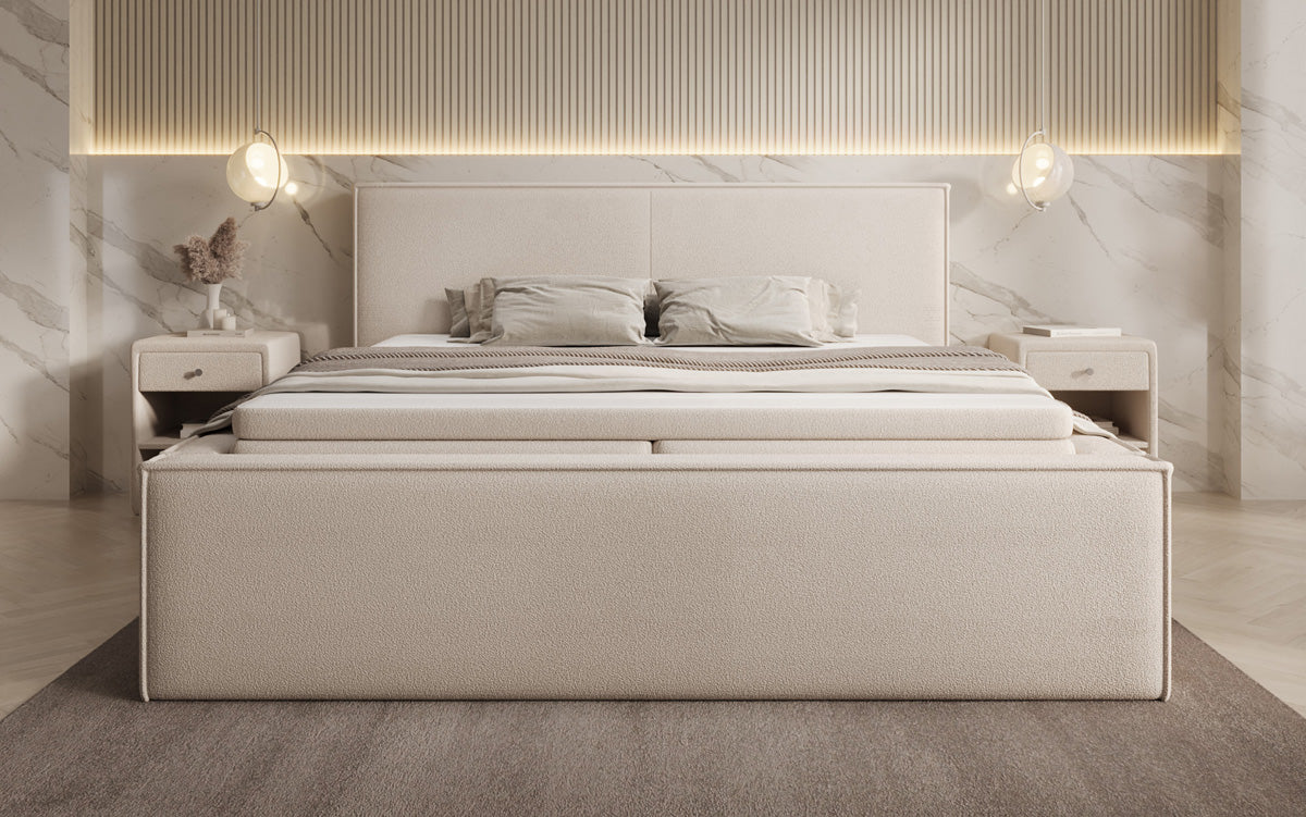 Designer gestoffeerd bed Nora in Teddystof Bouclé met opbergruimte incl. matrassen