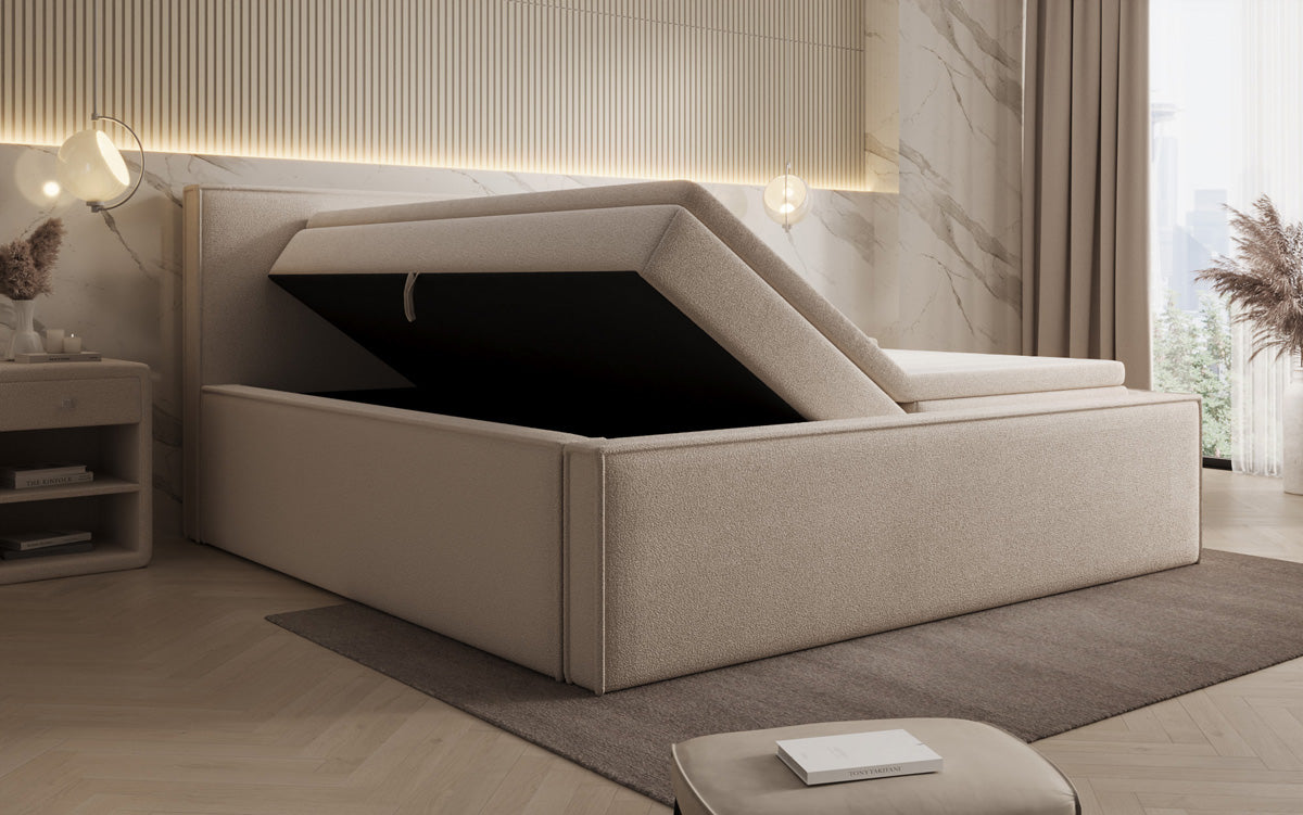 Designer gestoffeerd bed Nora in Teddystof Bouclé met opbergruimte incl. matrassen