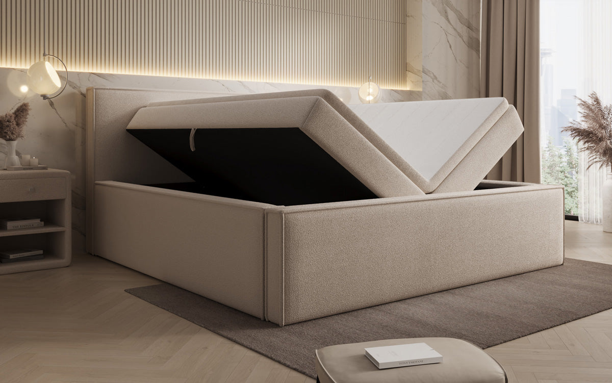 Designer gestoffeerd bed Nora in Teddystof Bouclé met opbergruimte incl. matrassen