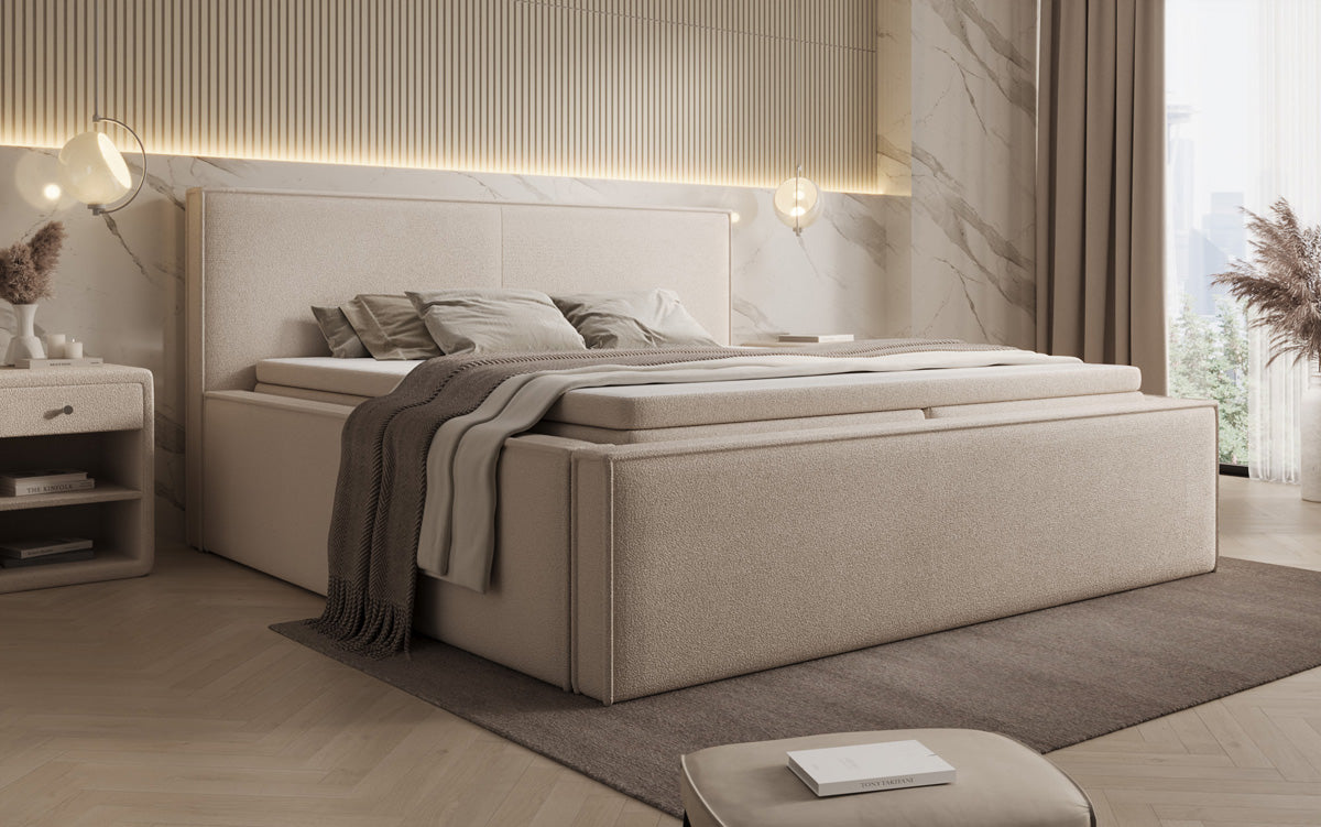 Designer gestoffeerd bed Nora in Teddystof Bouclé met opbergruimte incl. matrassen