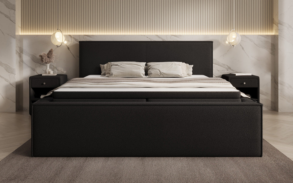 Designer gestoffeerd bed Nora in Teddystof Bouclé met opbergruimte incl. matrassen