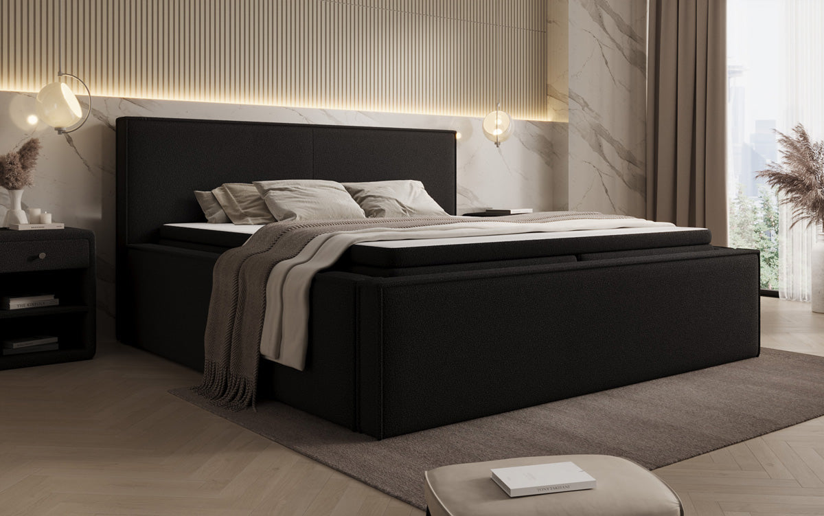 Designer gestoffeerd bed Nora in Teddystof Bouclé met opbergruimte incl. matrassen