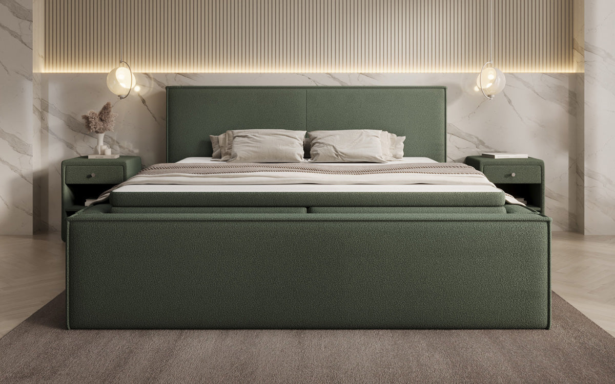 Designer gestoffeerd bed Nora in Teddystof Bouclé met opbergruimte incl. matrassen