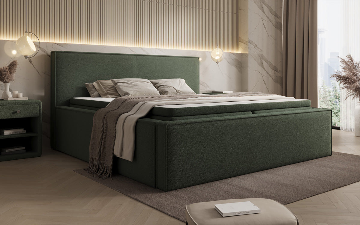 Designer gestoffeerd bed Nora in Teddystof Bouclé met opbergruimte incl. matrassen