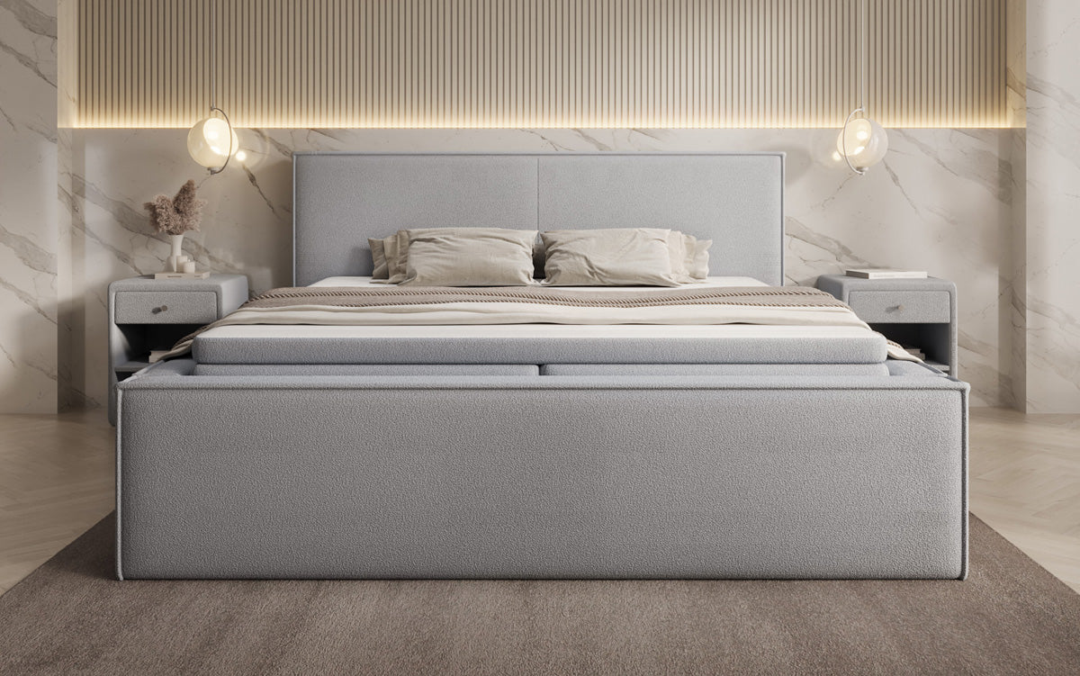 Designer gestoffeerd bed Nora in Teddystof Bouclé met opbergruimte incl. matrassen