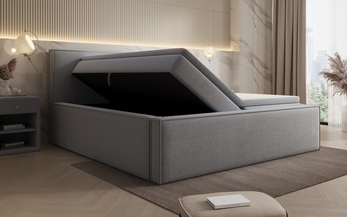 Designer gestoffeerd bed Nora in Teddystof Bouclé met opbergruimte incl. matrassen