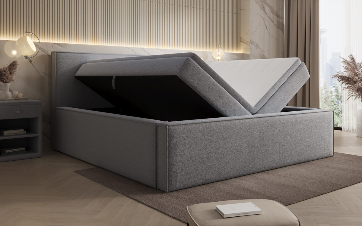 Designer gestoffeerd bed Nora in Teddystof Bouclé met opbergruimte incl. matrassen