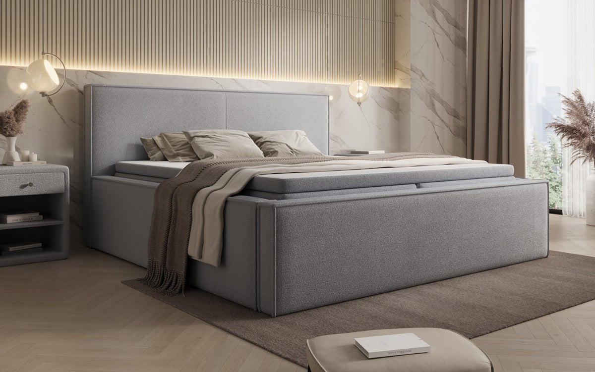 Designer gestoffeerd bed Nora in Teddystof Bouclé met opbergruimte incl. matrassen