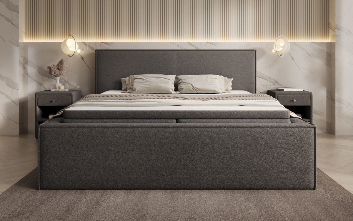 Designer gestoffeerd bed Nora in Teddystof Bouclé met opbergruimte incl. matrassen
