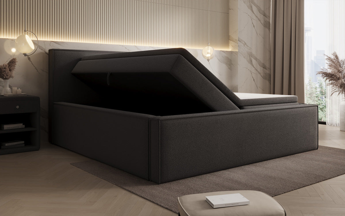 Designer gestoffeerd bed Nora in Teddystof Bouclé met opbergruimte incl. matrassen