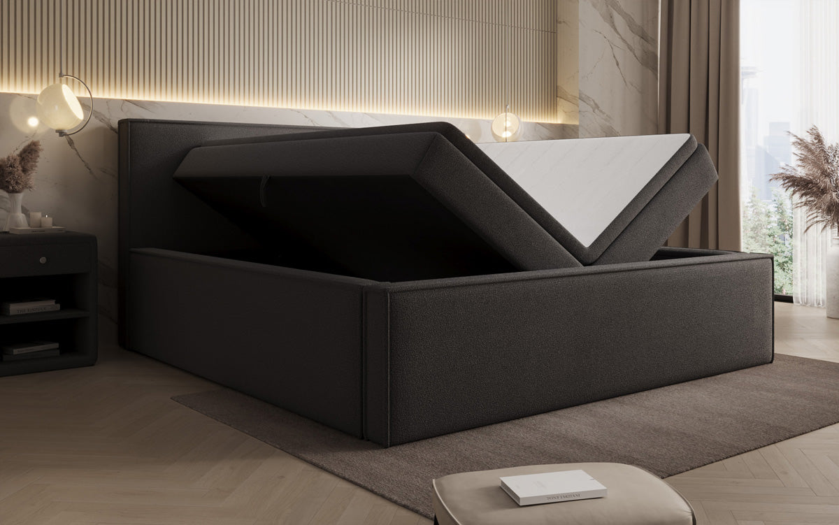 Designer gestoffeerd bed Nora in Teddystof Bouclé met opbergruimte incl. matrassen
