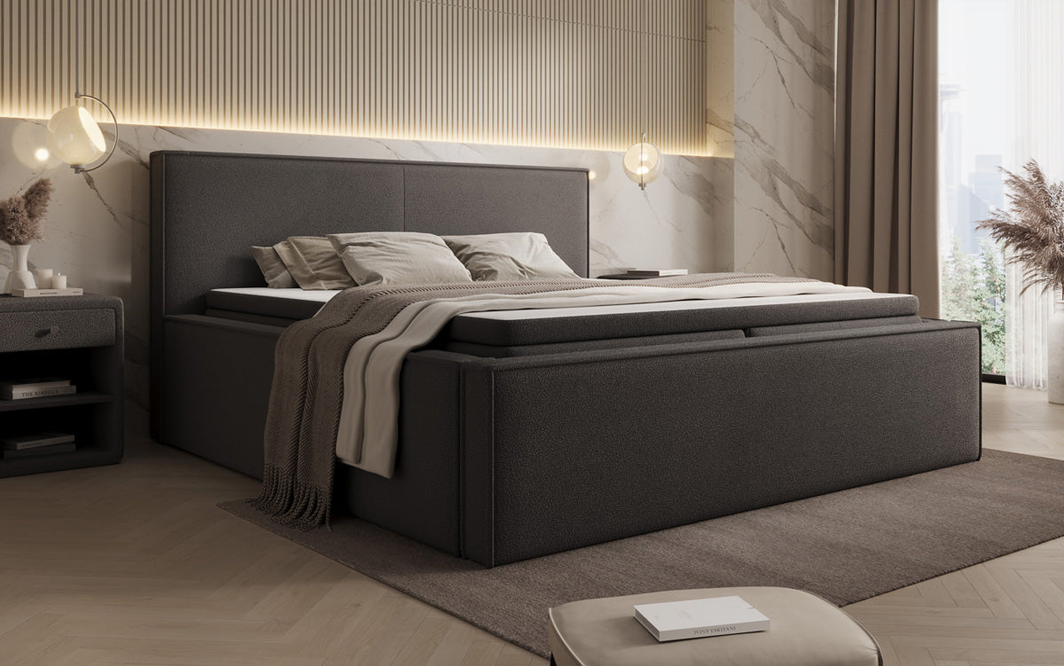 Designer gestoffeerd bed Nora in Teddystof Bouclé met opbergruimte incl. matrassen