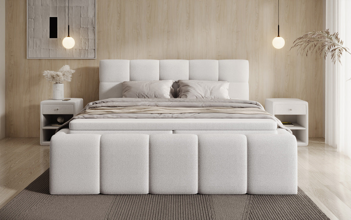 Designer gestoffeerd bed Romy in Teddystof Bouclé met opbergruimte incl. matrassen