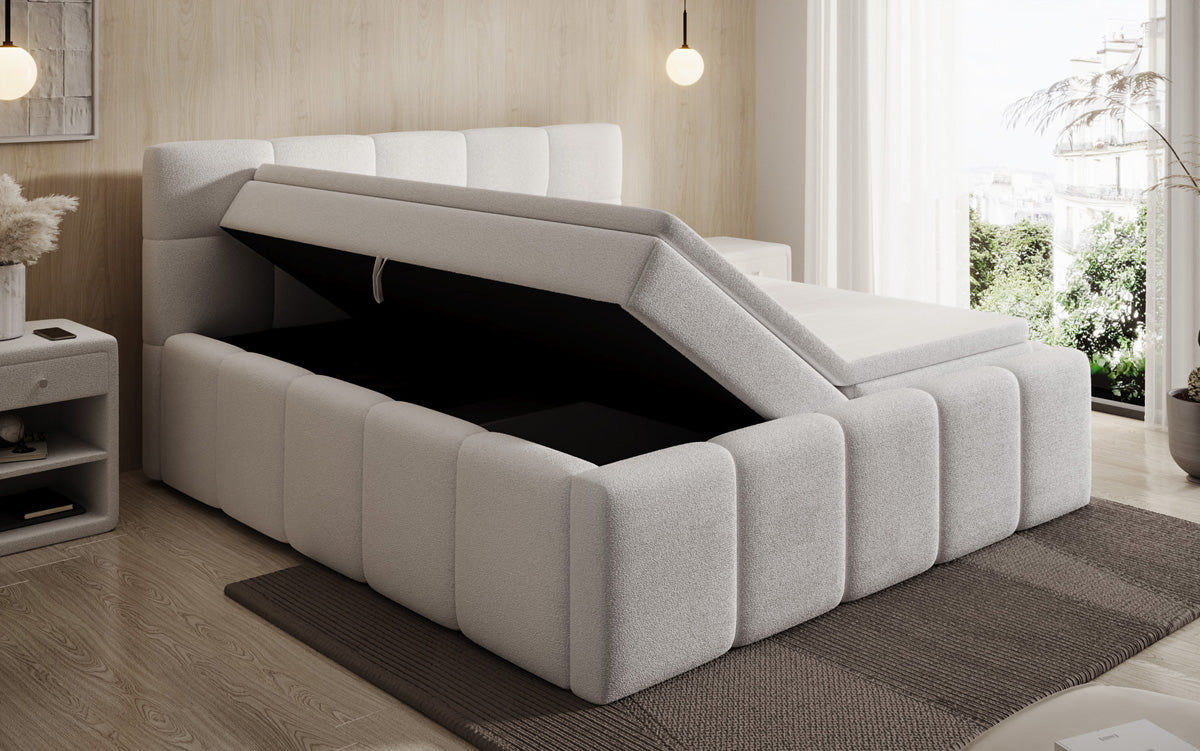Designer gestoffeerd bed Romy in Teddystof Bouclé met opbergruimte incl. matrassen