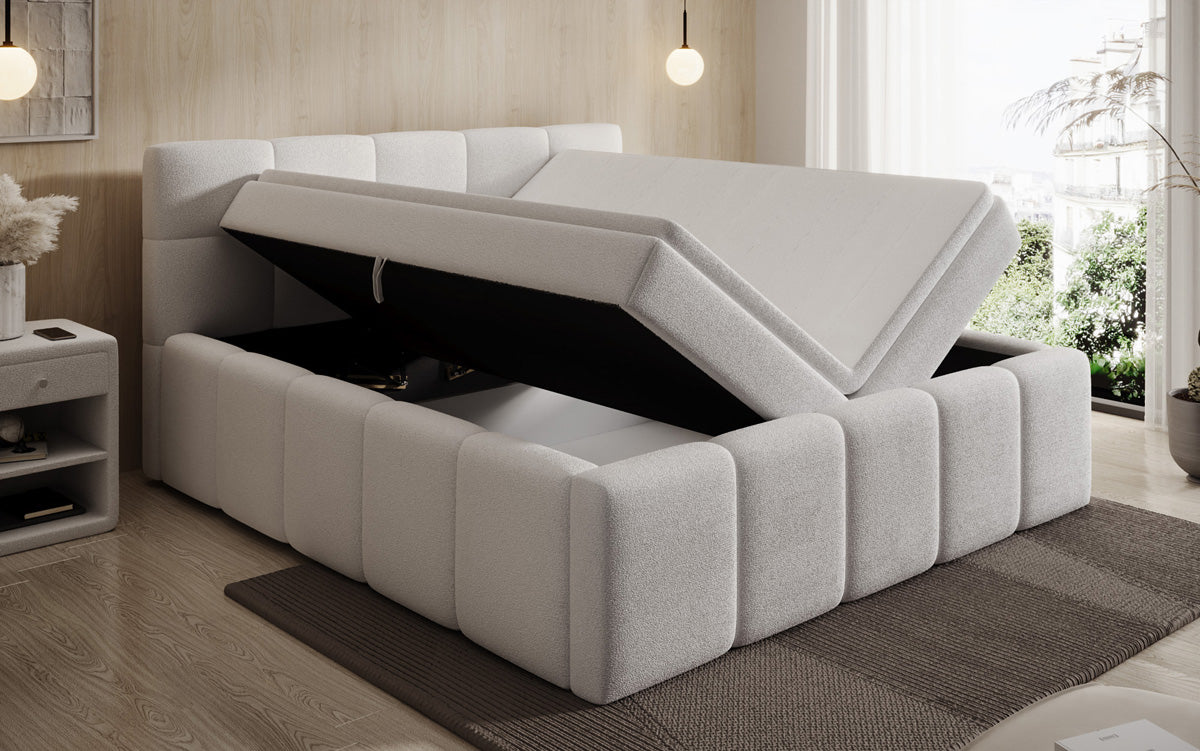 Designer gestoffeerd bed Romy in Teddystof Bouclé met opbergruimte incl. matrassen