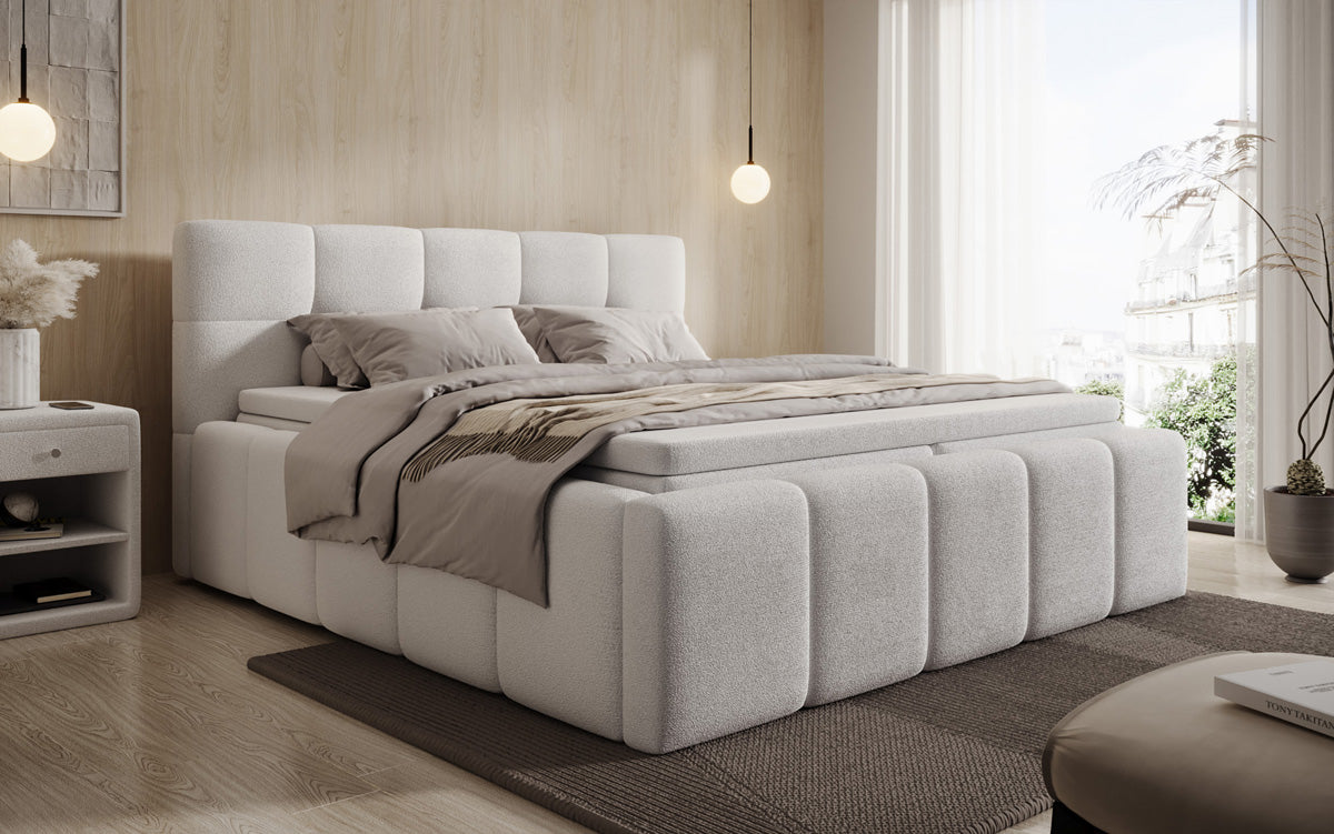 Designer gestoffeerd bed Romy in Teddystof Bouclé met opbergruimte incl. matrassen