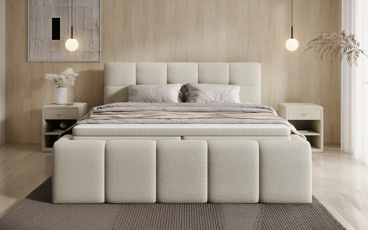 Designer gestoffeerd bed Romy in Teddystof Bouclé met opbergruimte incl. matrassen