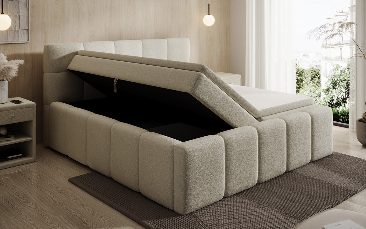 Designer gestoffeerd bed Romy in Teddystof Bouclé met opbergruimte incl. matrassen