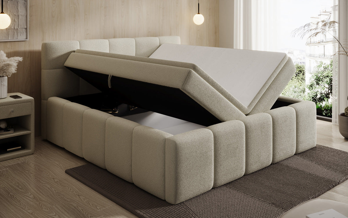 Designer gestoffeerd bed Romy in Teddystof Bouclé met opbergruimte incl. matrassen
