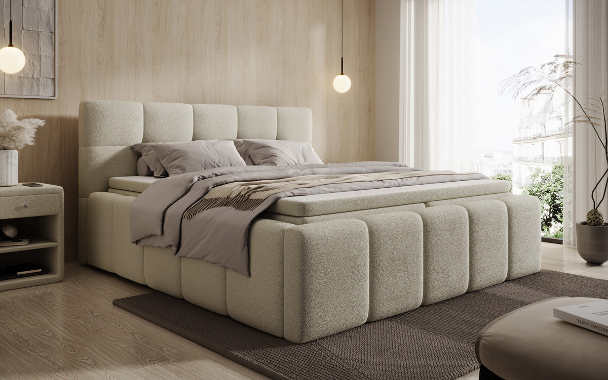 Designer gestoffeerd bed Romy in Teddystof Bouclé met opbergruimte incl. matrassen