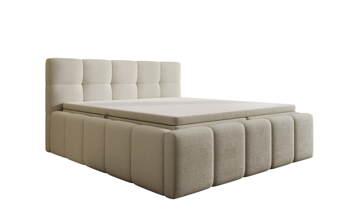 Designer gestoffeerd bed Romy in Teddystof Bouclé met opbergruimte incl. matrassen